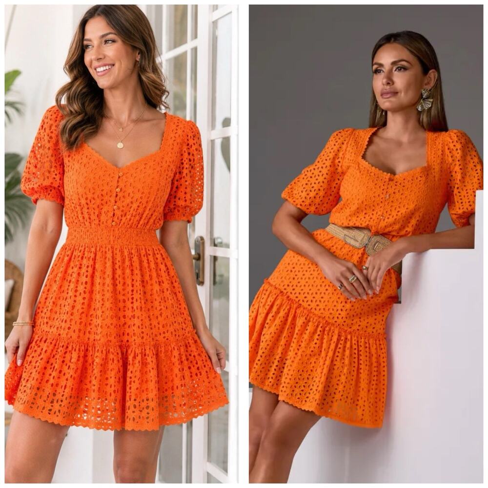 NWT Boston Proper Orange Eyelet Mini Dress Size Small Puff Sleeve Tiered Cotton